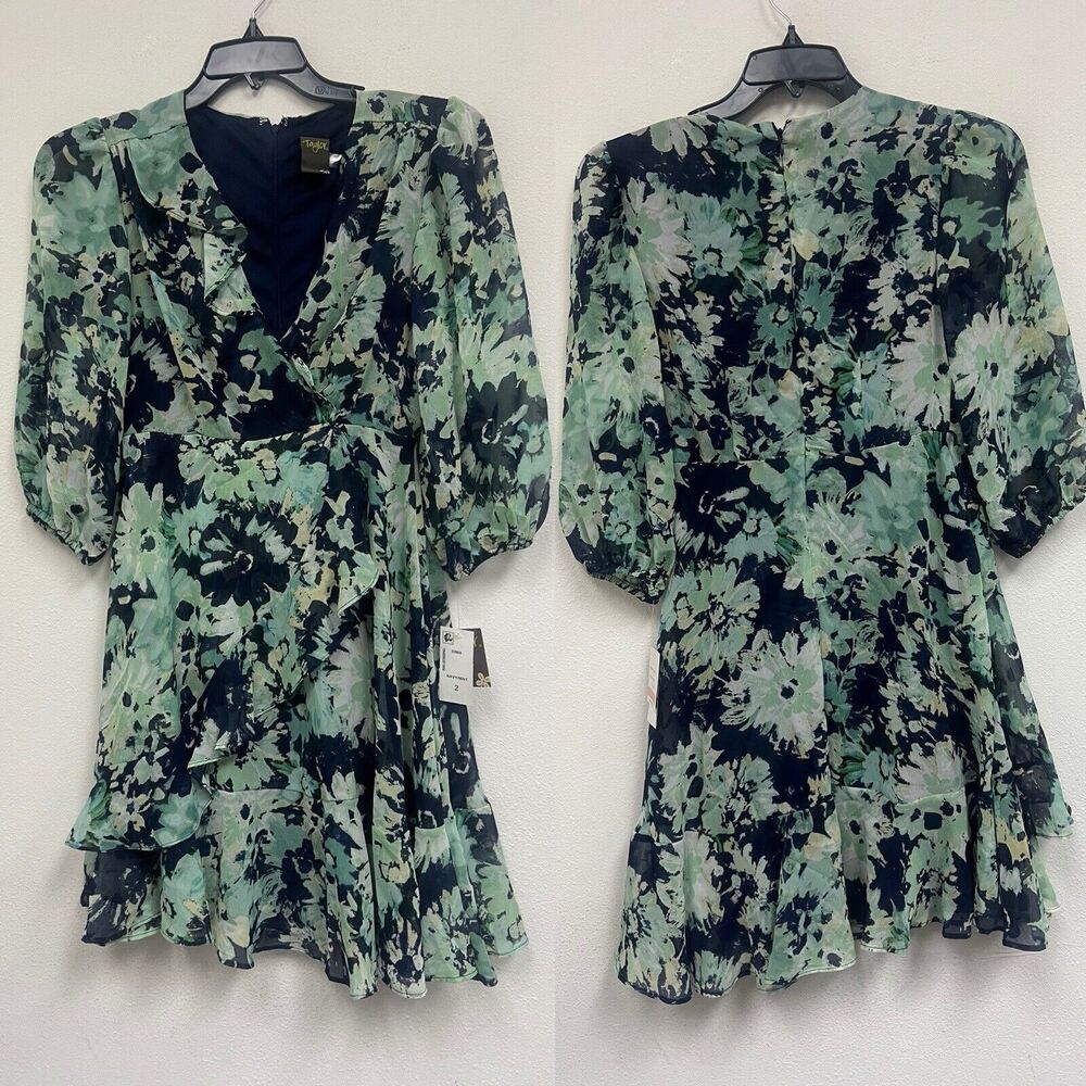 TAYLOR NAVY/MINT  FLORAL PRINT FLORAL PRINT CHIFFON FAUX WRAP DRESS SIZE 2